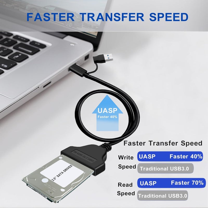 FANBLACK 2-in-1 SATA to USB Cable 1.6ft, USB-C/USB-A 3.0 to SATA III Hard Driver Adapter Compatible for 2.5 inch HDD and SSD External Converter (50cm) - Image 3
